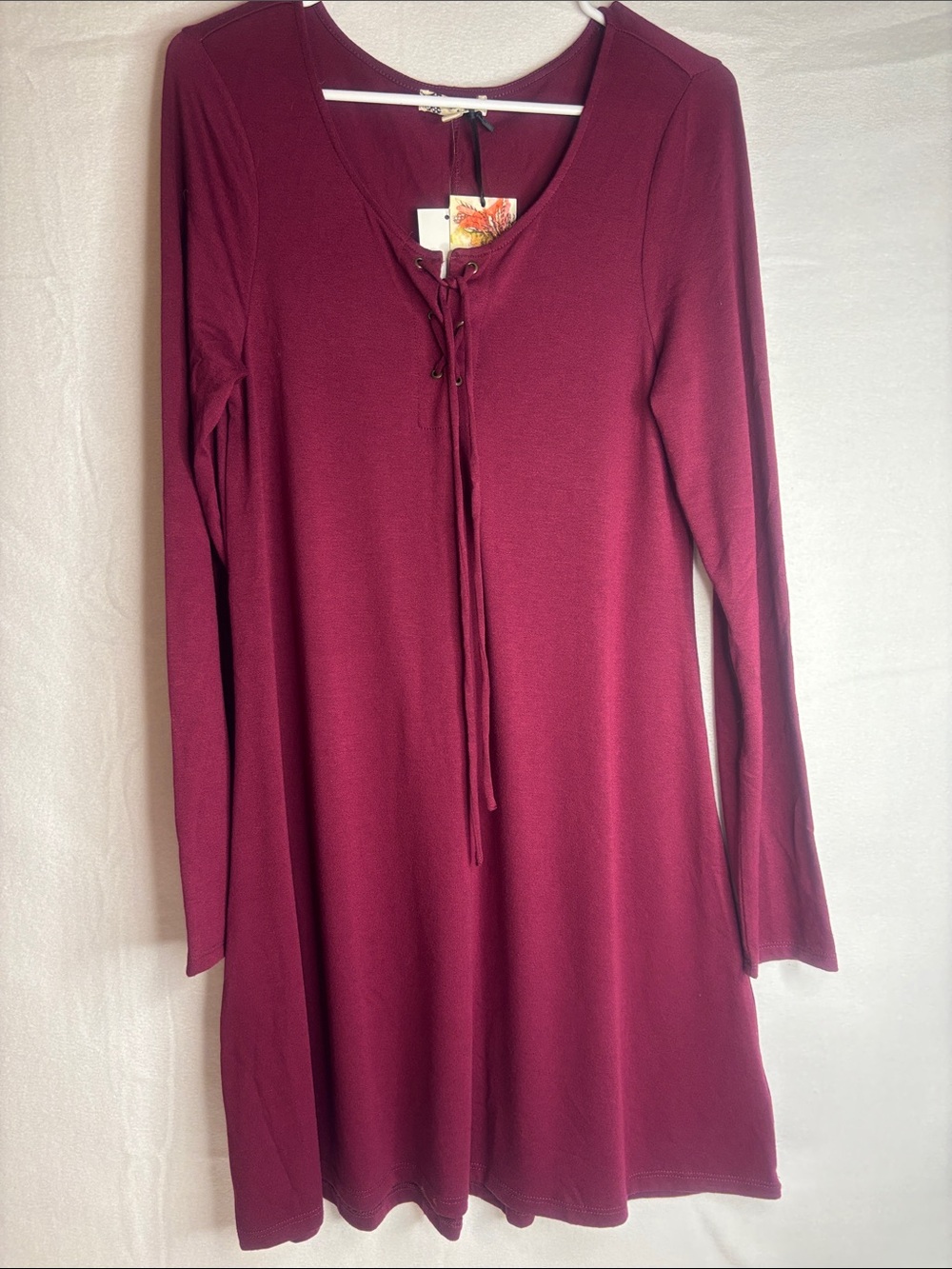 About A Girl Burgundy Lace-Up Long Sleeve Midi Tunic Dress